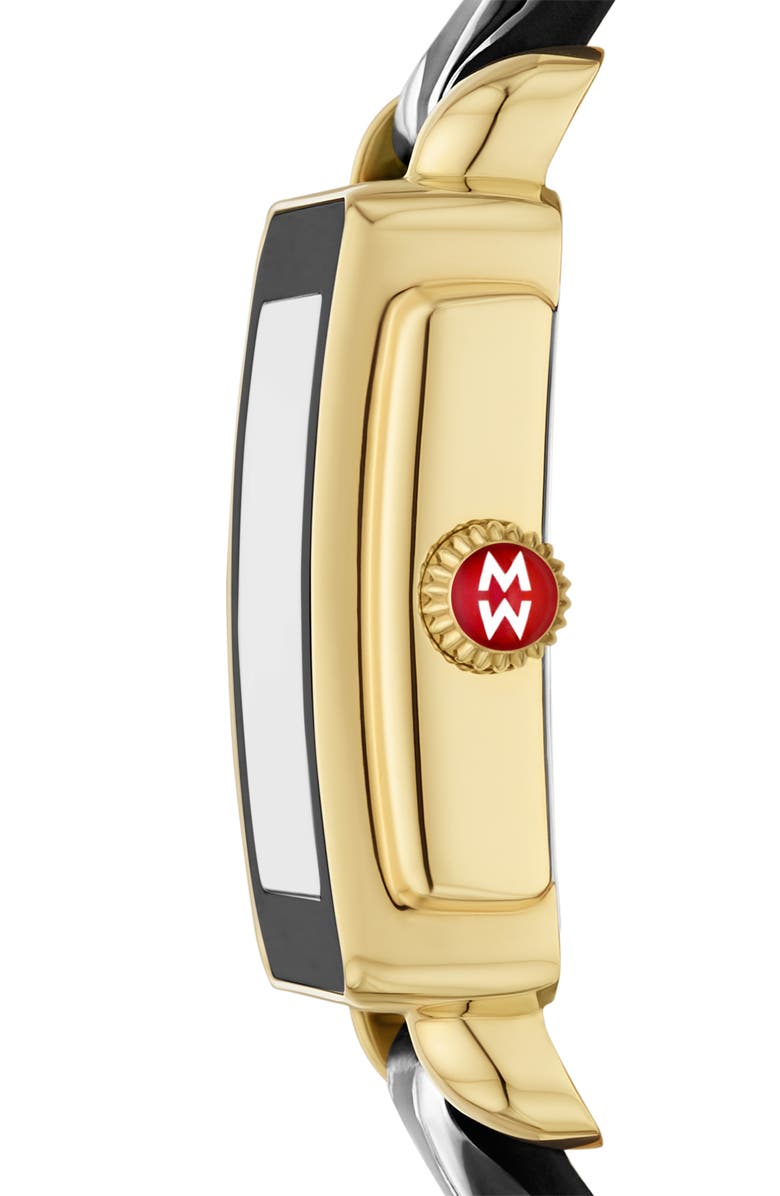 MICHELE Deco Sport Mid Leather Strap Watch, 29mm x 31mm, Alternate, color, Black/ Gold