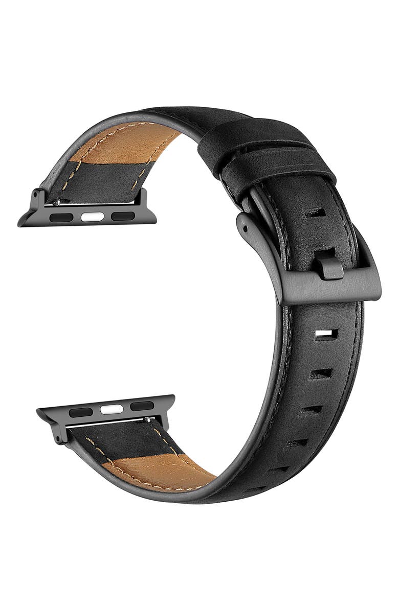 The Posh Tech Hunt Distressed Leather Apple Watch<sup>®</sup> Watchband, Alternate, color, Black