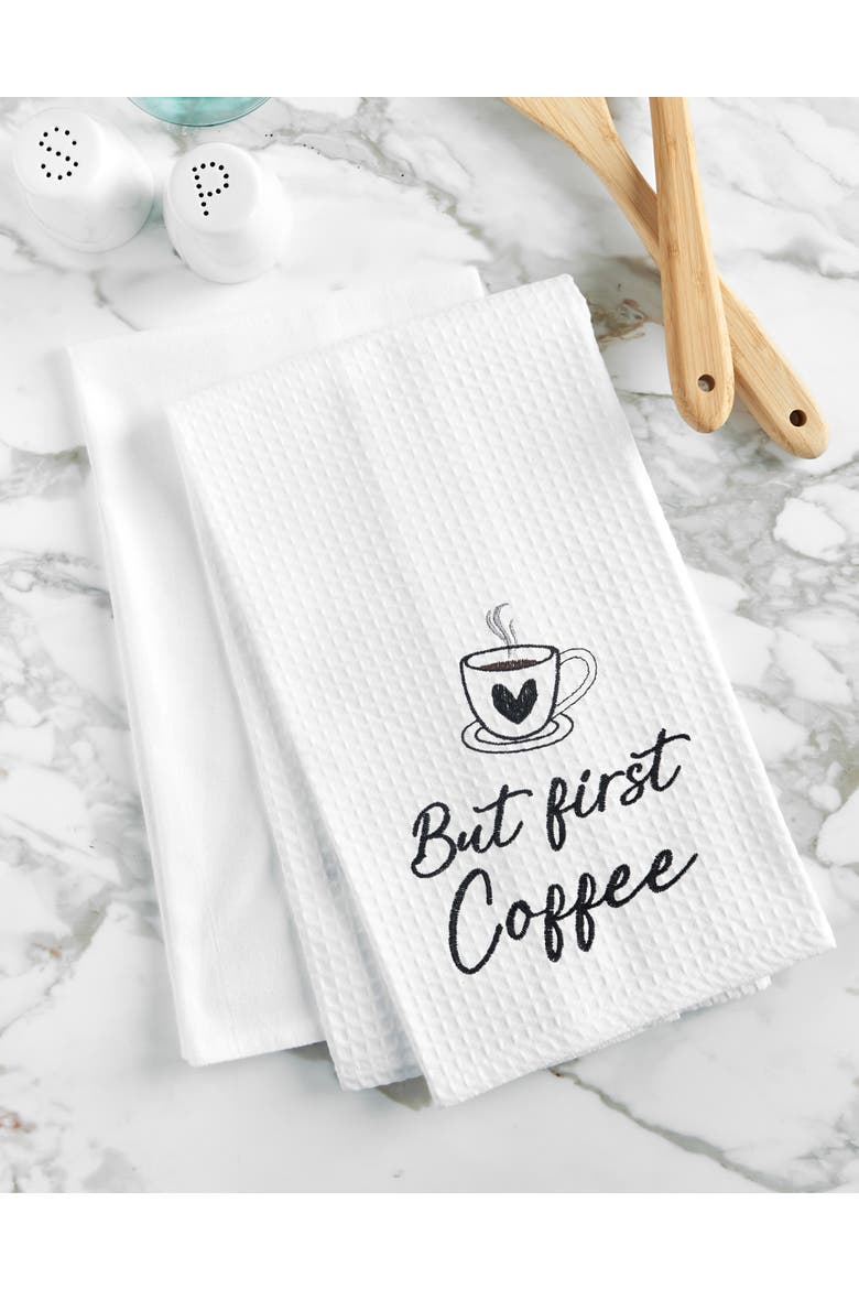 But First Coffee Embroidered Cotton Waffle Weave Kitchen Towel, Alternate, color, Black