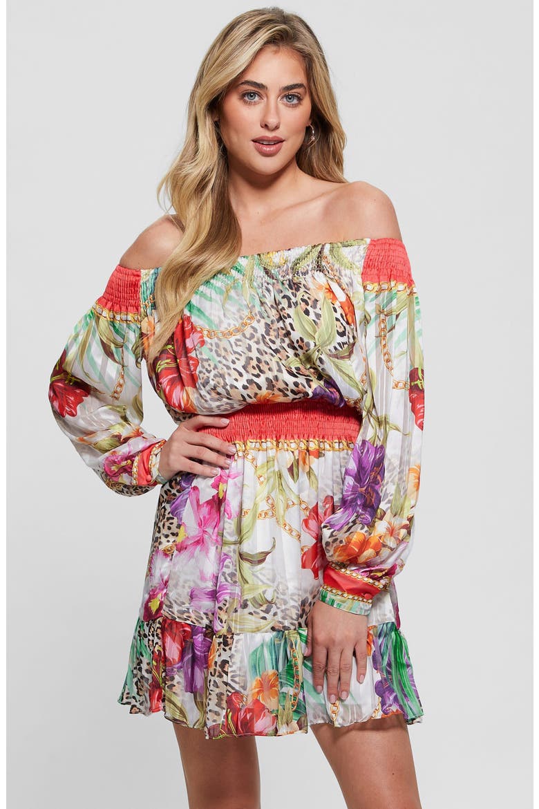 Long Sleeve Off the Shoulder Dress, Alternate, color, CORAL JUNGLE