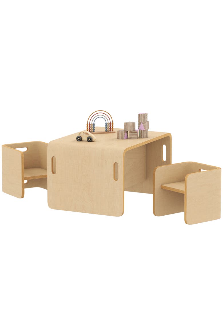 Toddler Table and Chair Set Wooden Activity Table with Two Kids Montessori Chairs for Ages Play Eating and Learning, Main, color, Natural Wood