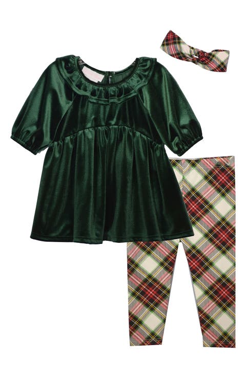 Velvet Dress, Plaid Leggings & Headband Set (Toddler)
