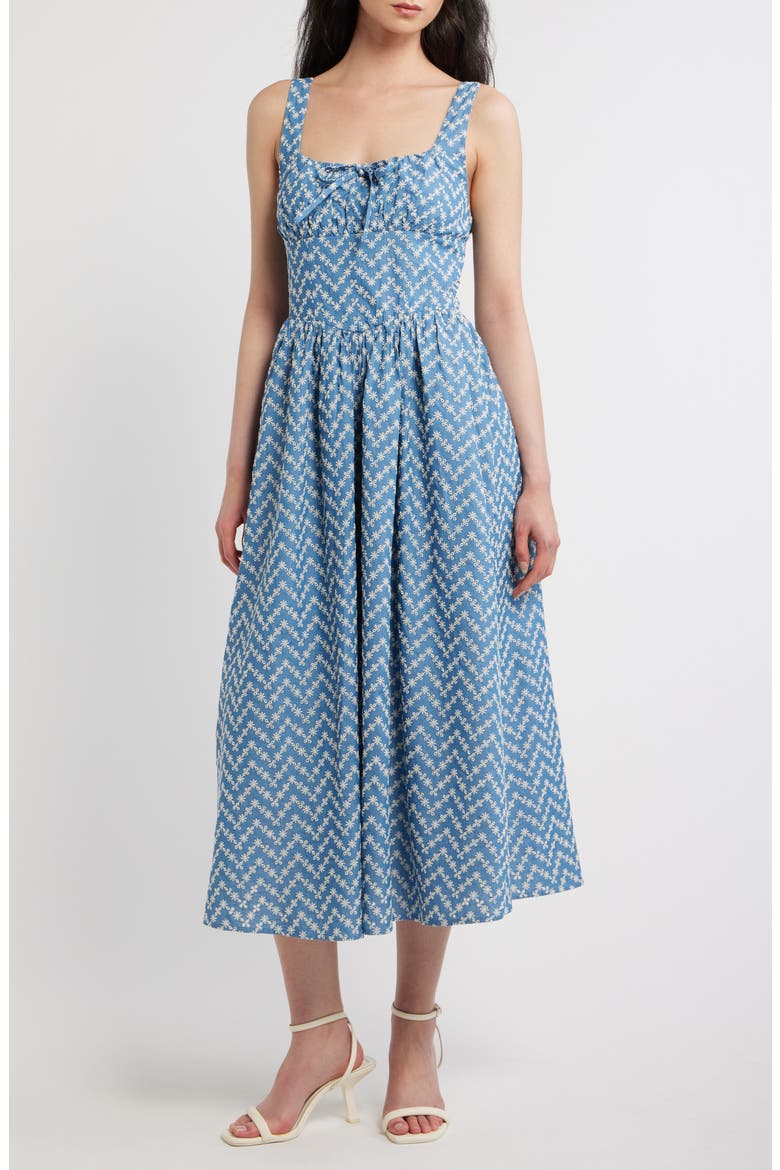 Embroidered Cotton Blend Denim Midi Dress, Main, color, DENIM