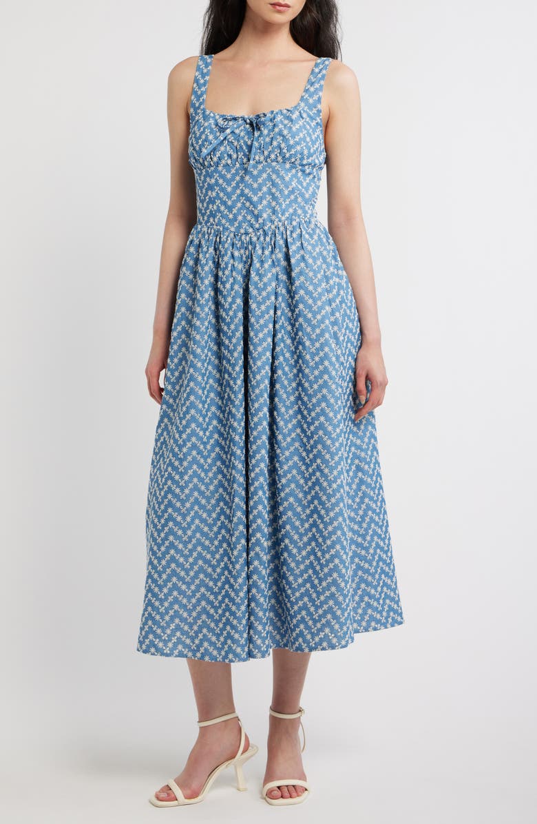 Blu Pepper Embroidered Cotton Blend Denim Midi Dress, Main, color, Denim