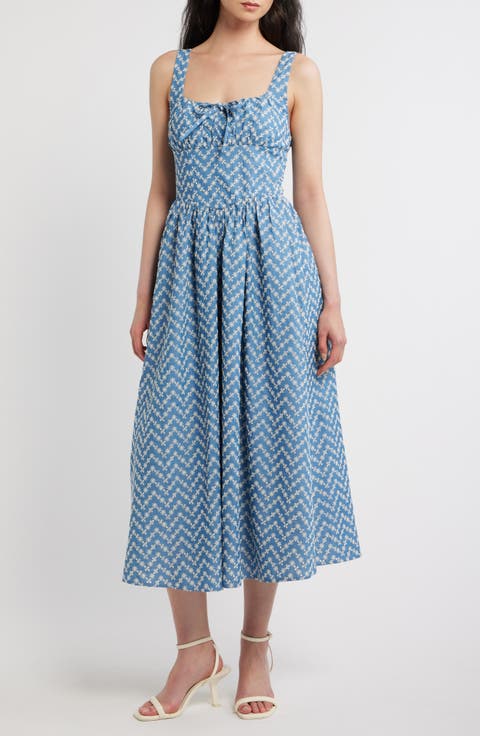 Embroidered Cotton Blend Denim Midi Dress