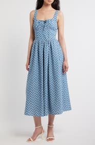 Blu Pepper Embroidered Cotton Blend Denim Midi Dress