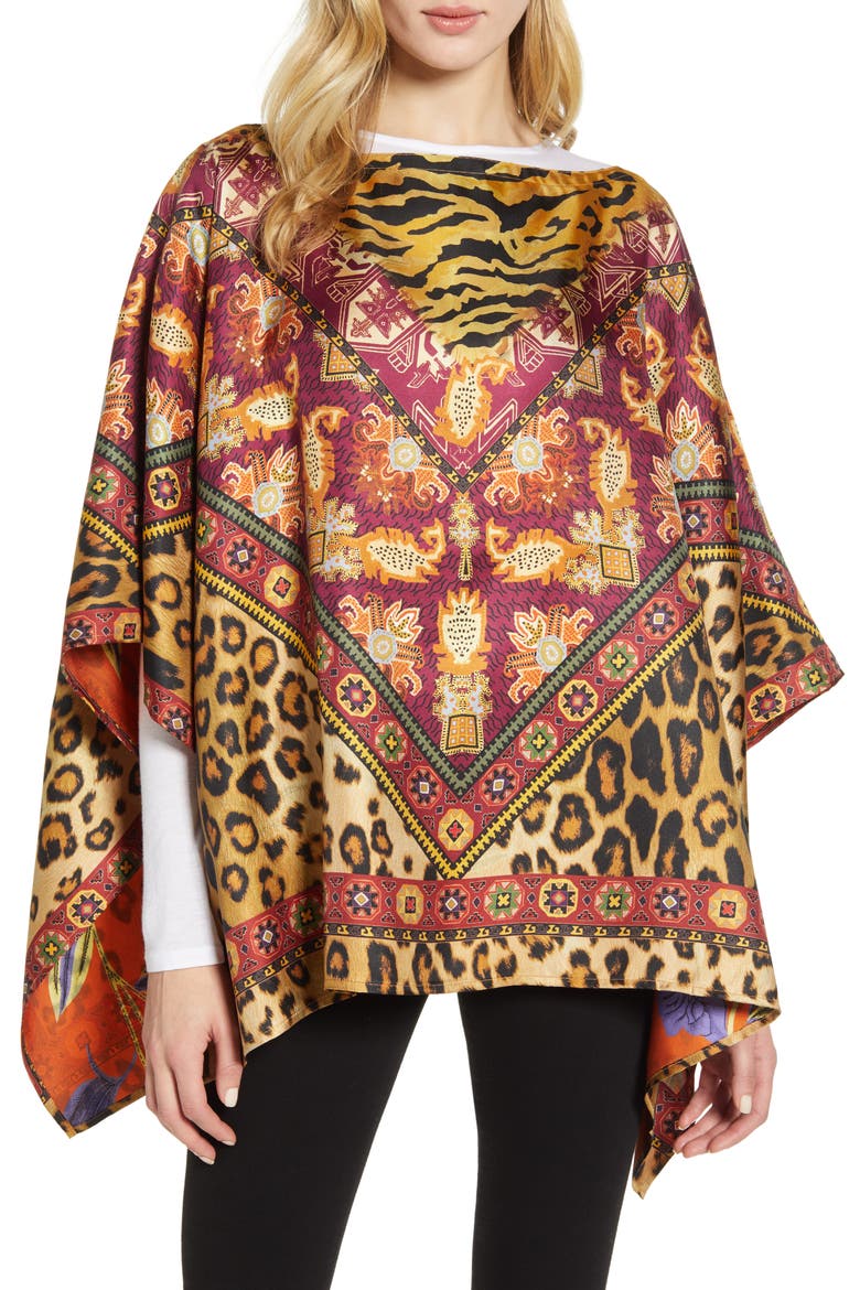 Leopard & Floral Reversible Silk Scarf, Main, color, MED BROWN MULTI