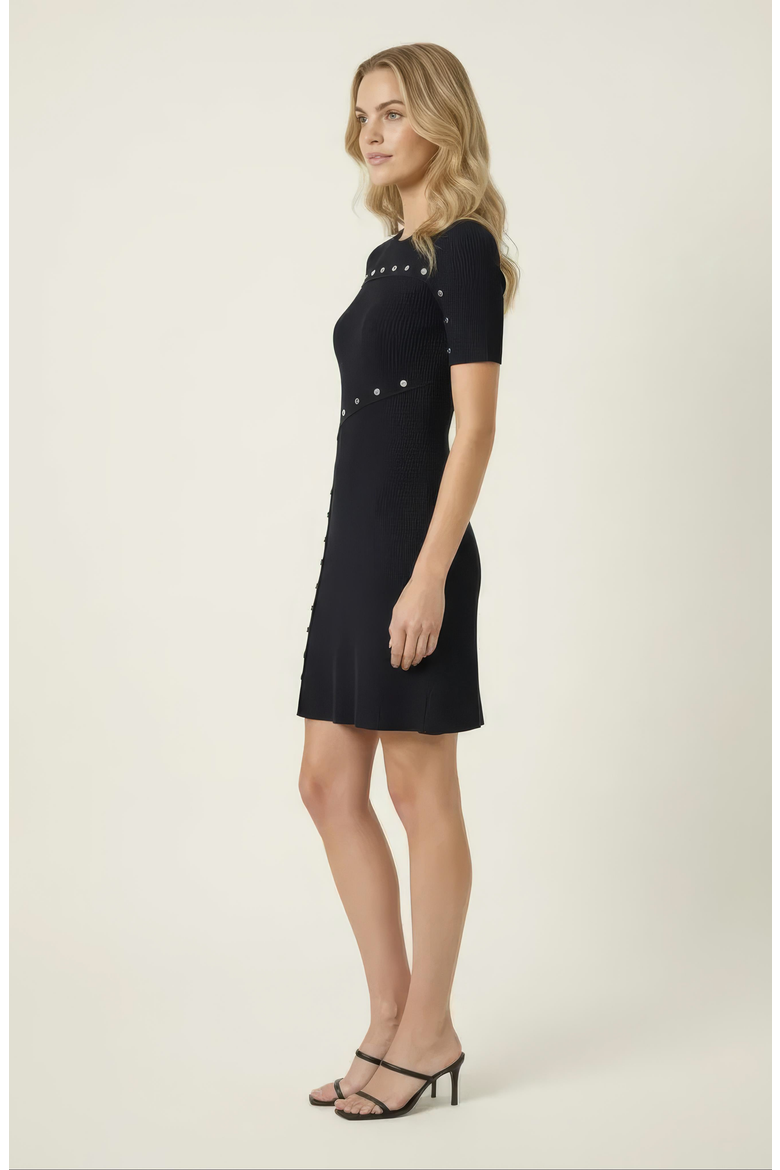 Ribbed Knit Mini Dress with Stud Detail and Asymmetric Seam, Alternate, color, Black