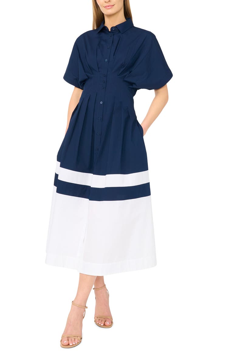 Colorblock Pleated Cotton Poplin Shirtdress, Main, color, CLASSIC NAVY