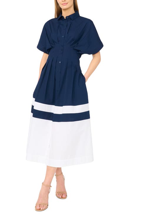 Colorblock Pleated Cotton Poplin Shirtdress