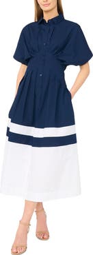 Halogen® Colorblock Pleated Cotton Poplin Shirtdress