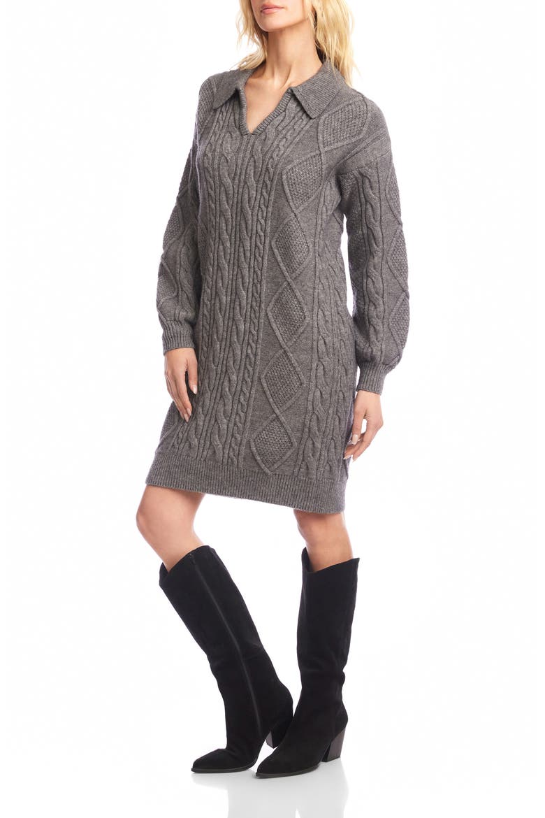Cable Stitch Johnny Collar Long Sleeve Sweater Dress, Alternate, color, DARK GRAY