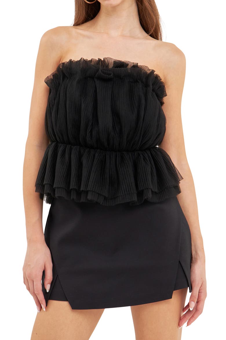 Strapless Tulle Peplum Top, Alternate, color, BLACK
