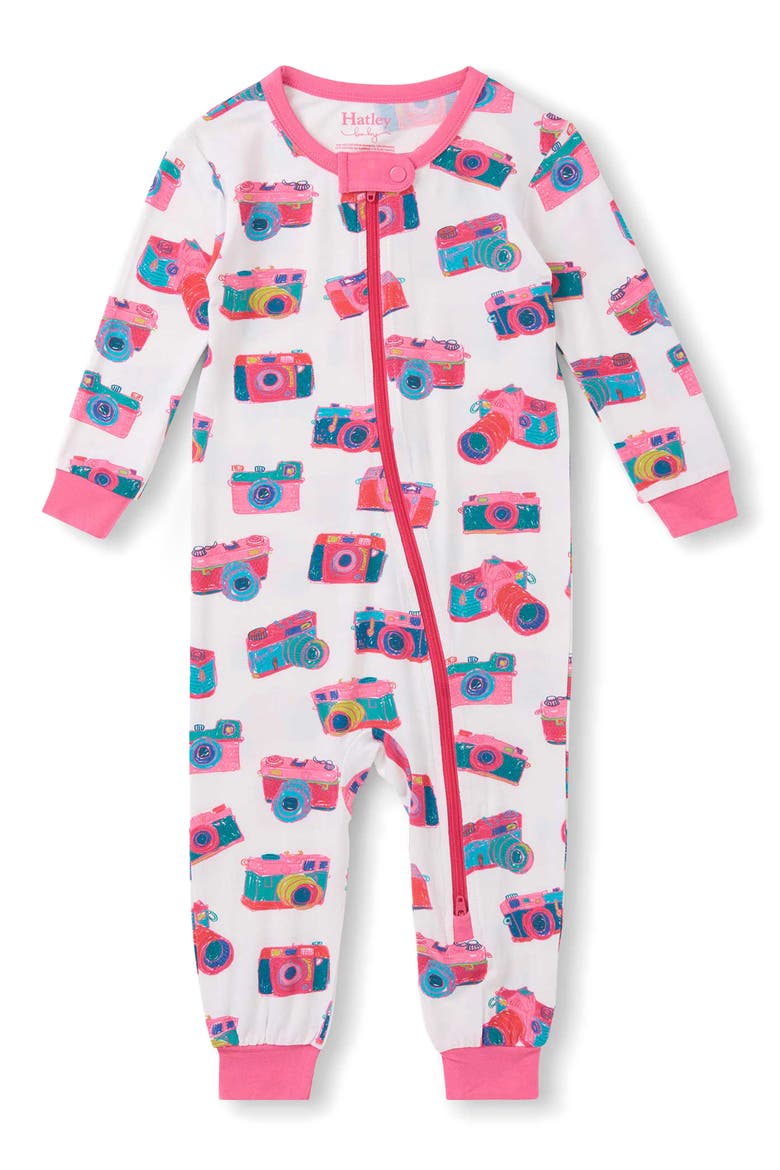 Sketchy Camera Print Zip Romper, Main, color, WHITE MULTI
