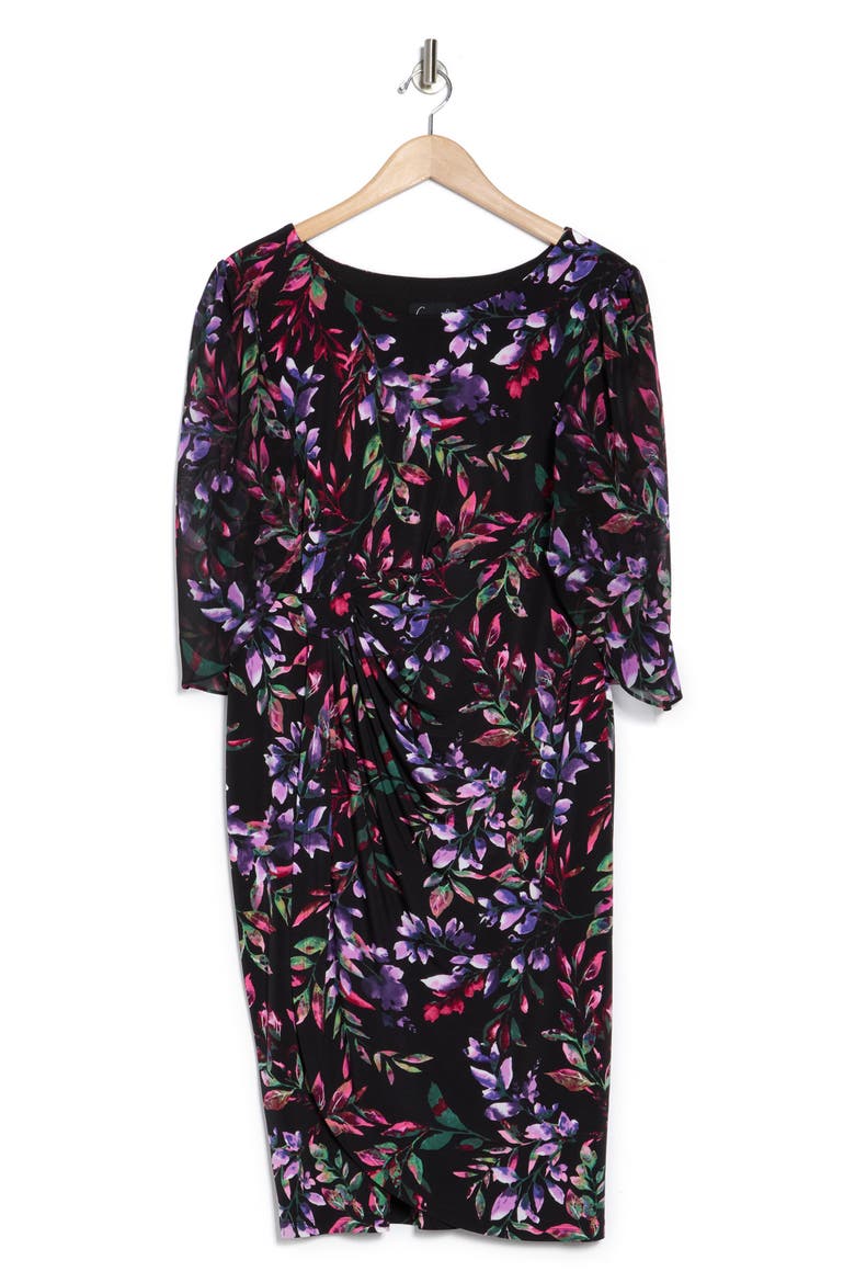 Floral Chiffon Sleeve Faux Wrap Dress, Alternate, color, CHERRY