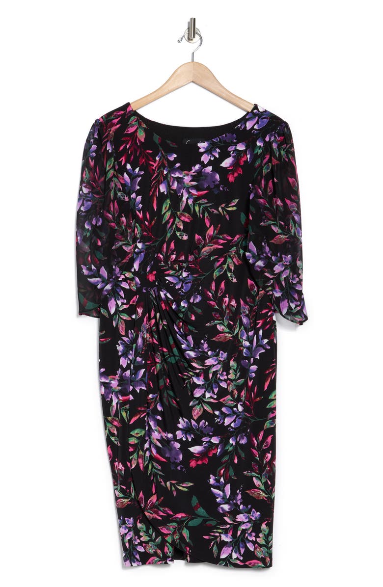 Connected Apparel Floral Chiffon Sleeve Faux Wrap Dress, Alternate, color, 