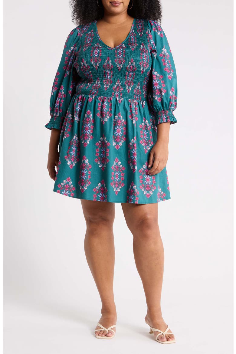 Isme Floral Smocked Cotton Fit & Flare Midi Dress, Main, color, TEAL-PINK