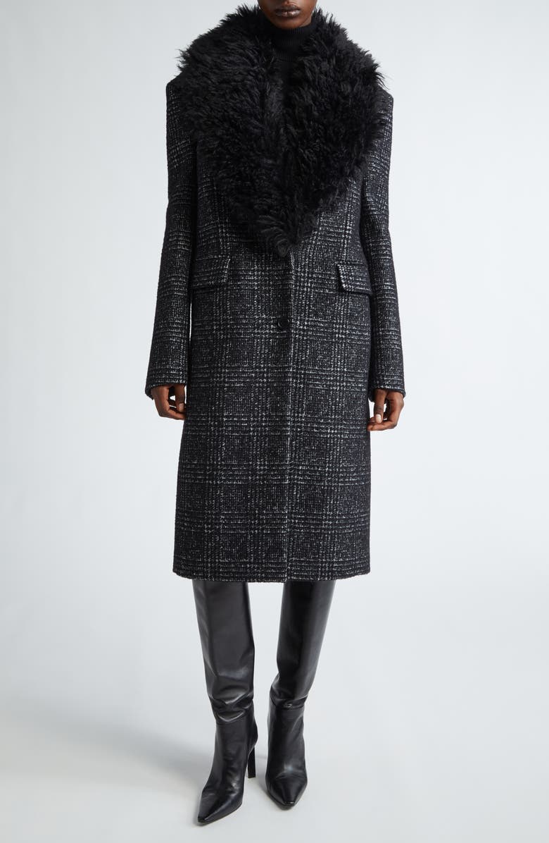 Michael Kors Collection Glen Plaid Chesterfield Coat with Faux Fur Collar, Main, color, Black/ White