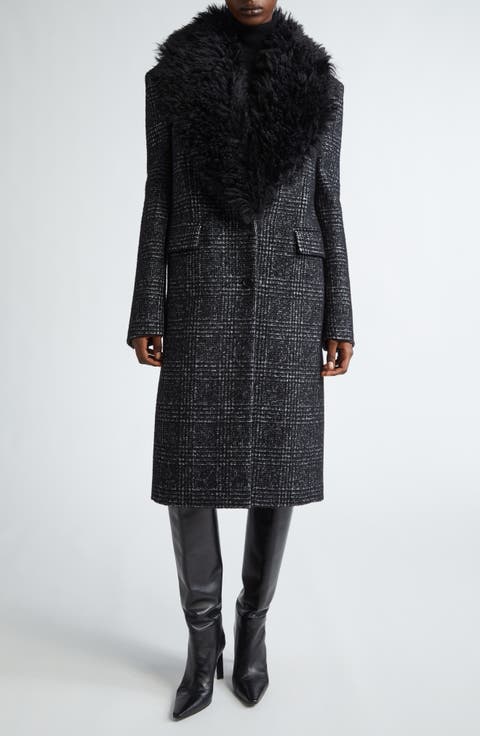 Glen Plaid Chesterfield Coat with Faux Fur Collar
