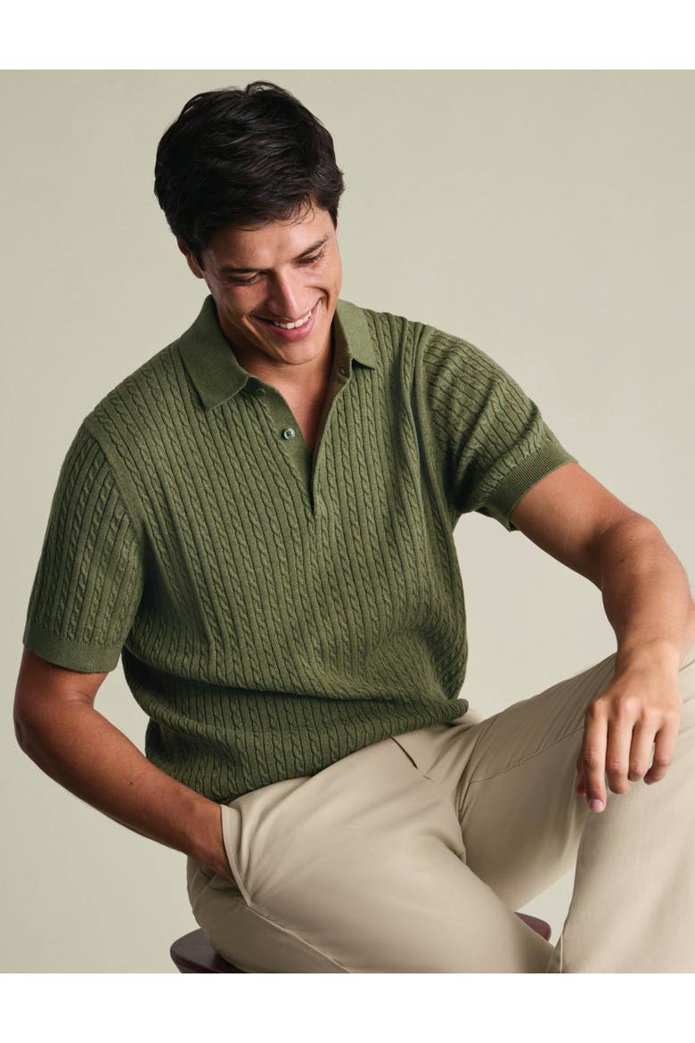 Cable Knit Short Sleeve Cotton Polo, Alternate, color, Sage Green