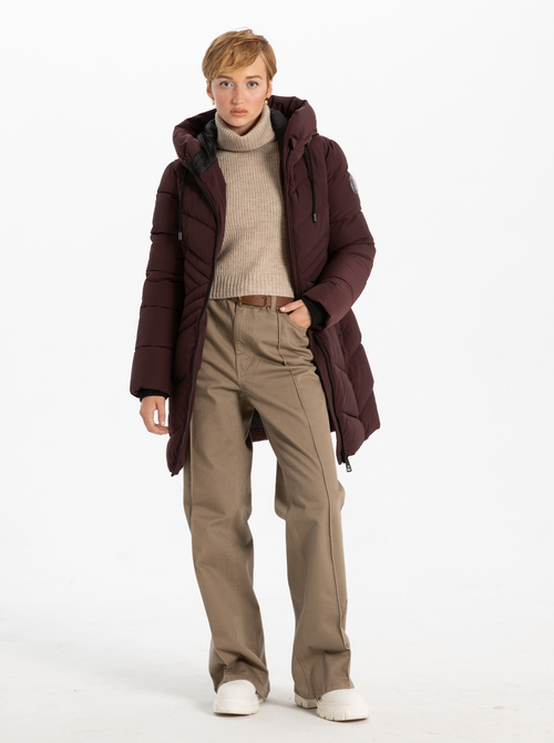 Point Zero Star-stitch Chic Long Puffer Jacket In Merlot