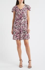 AK ANNE KLEIN Floral Print Flutter Sleeve Dress