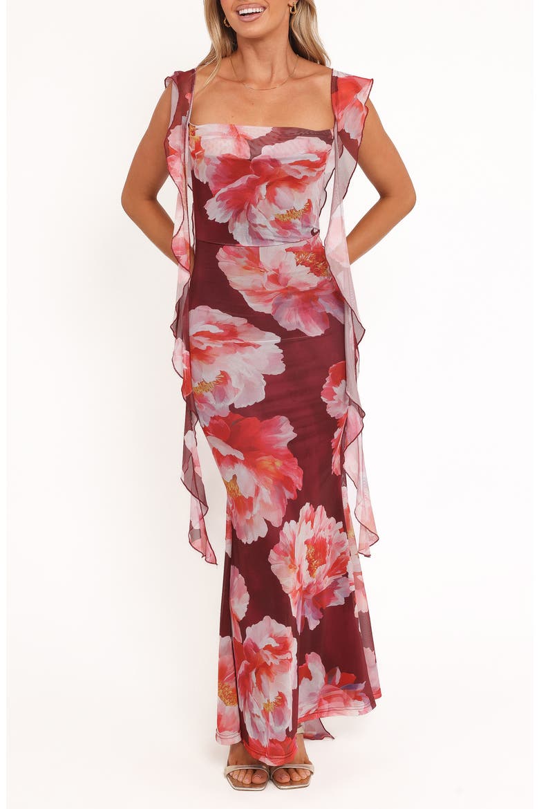 Chiara Floral Flutter Ruffle Maxi Dress, Main, color, BURGUNDY PEONY