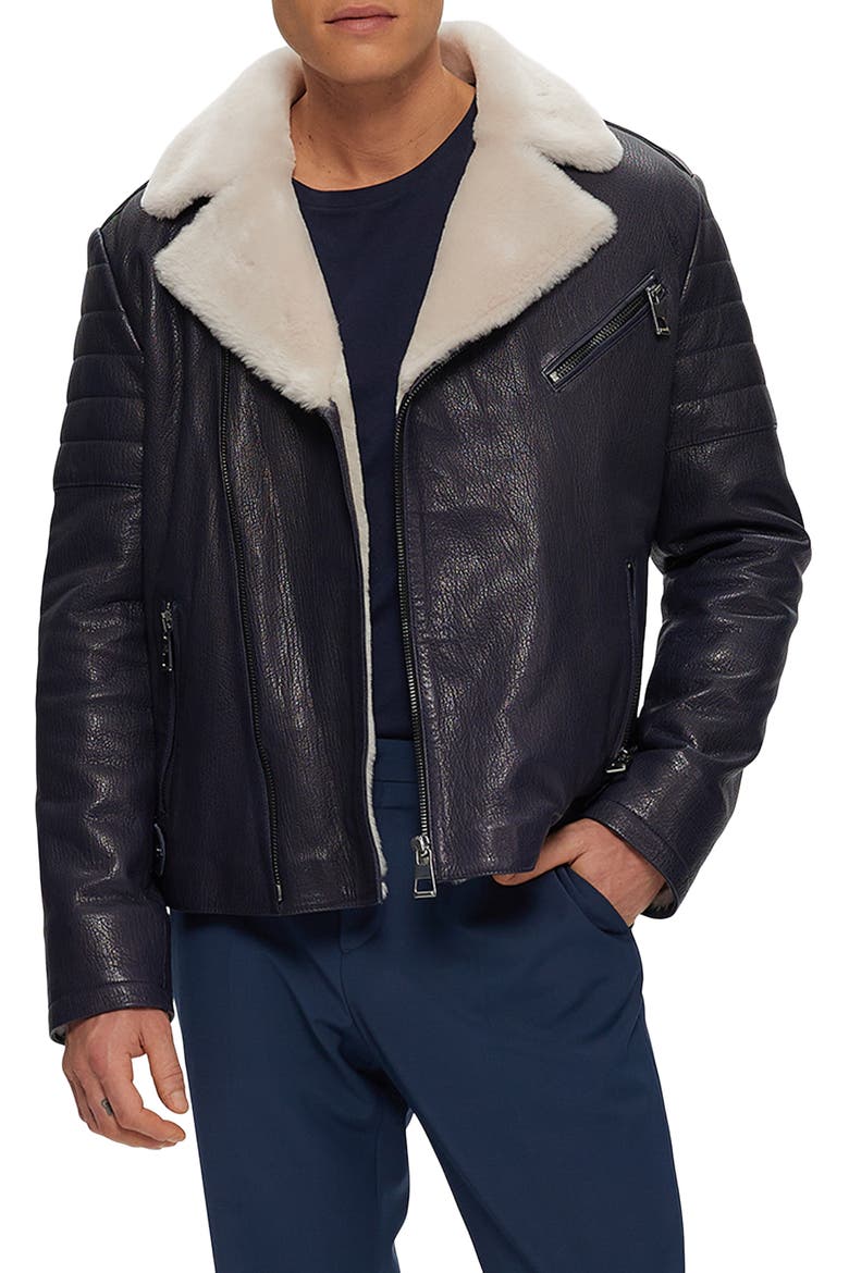 Mens Nappa Moto Jacket with Genuine Shearling, Main, color, NAVY/BEIGE