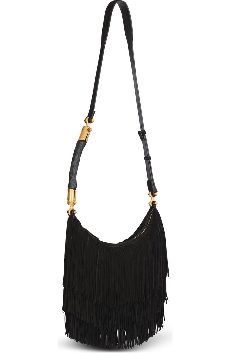 Balmain Ebene Suede Hobo Bag with Fringes, Alternate, color, Black