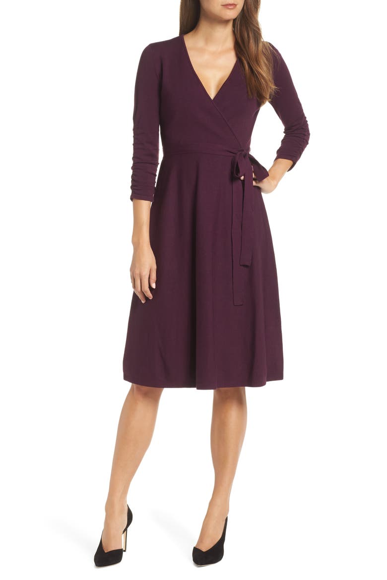 Faux Wrap Sweater Dress, Main, color, WINE