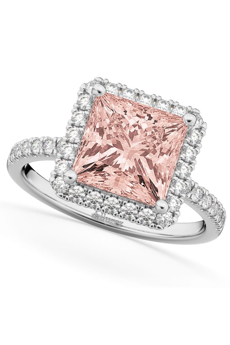 Princess Cut Halo Morganite & Diamond Engagement Ring 14K, Main, color, 3.47ct/White Gold