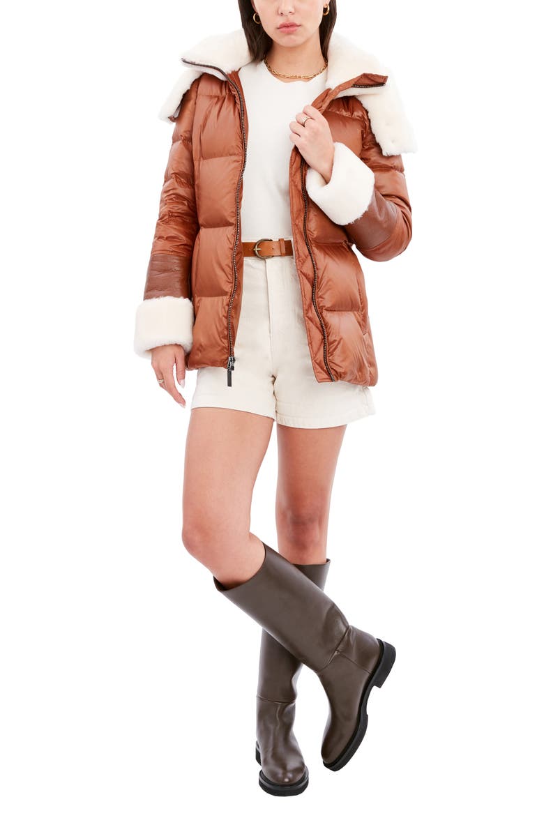 Dawn Levy Puffer Jacket with Genuine Shearling Trim, Alternate, color, Cognac