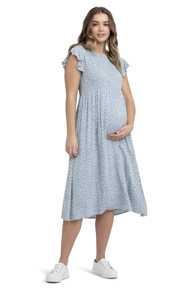 Ava Floral Shirred Midi Maternity Dress, Alternate, color, PETROL / WHITE