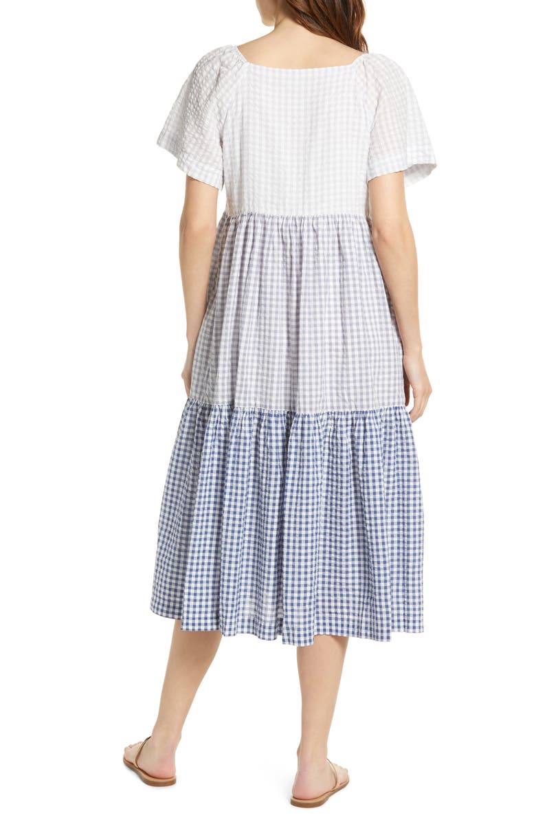 Madewell Patchwork Gingham Button Front Tiered Midi Dress, Alternate, color, 