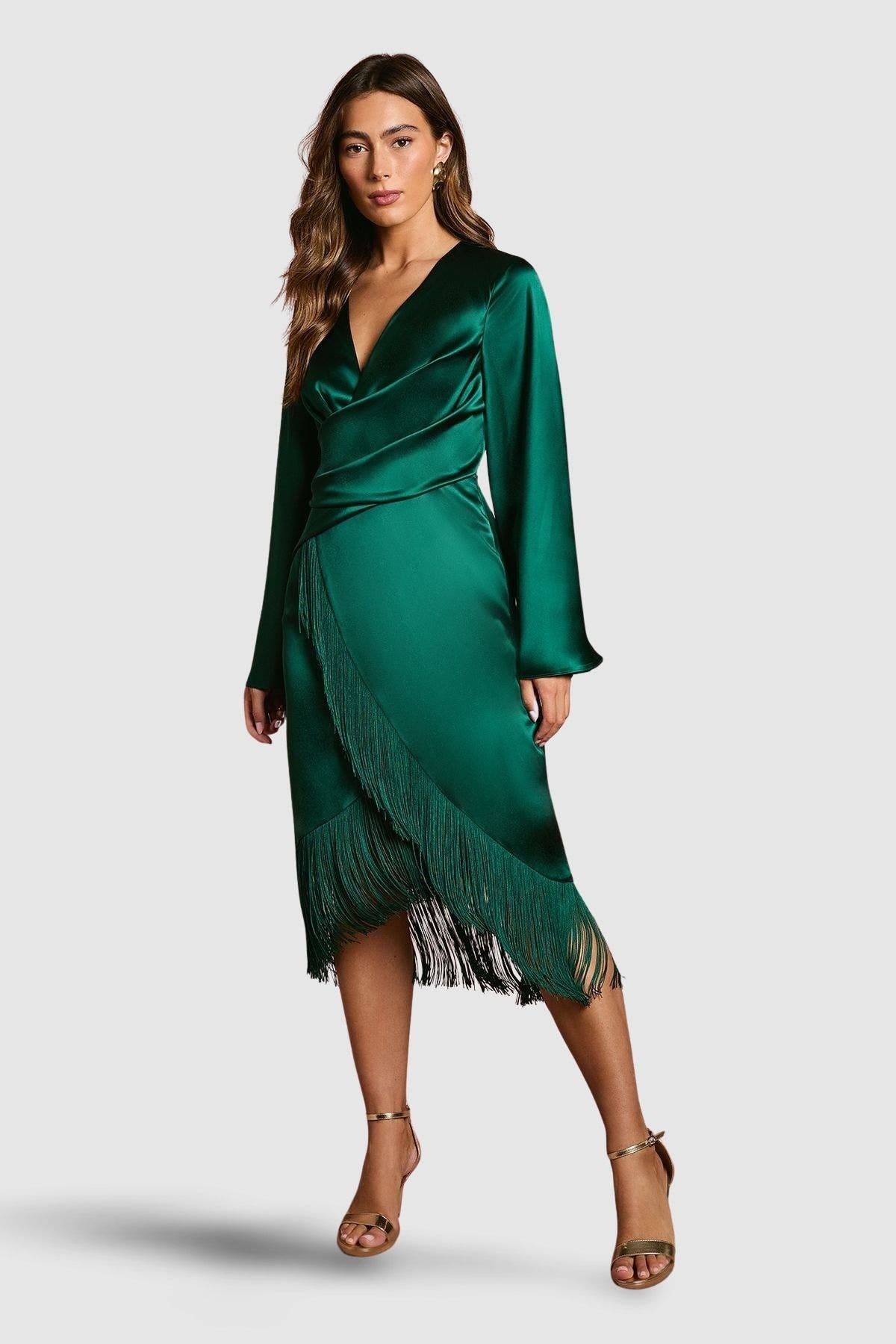 asymmetrical hem wrap dress Beige Sequined Faux Wrap Ruffled Asymmetrical Hem Dress