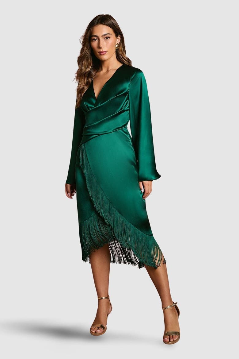 Satin Fringe Hem Wrap Waist Midi Dress, Main, color, Emerald