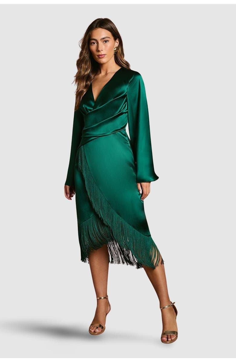 Coast Satin Fringe Hem Wrap Waist Midi Dress, Main, color, Emerald
