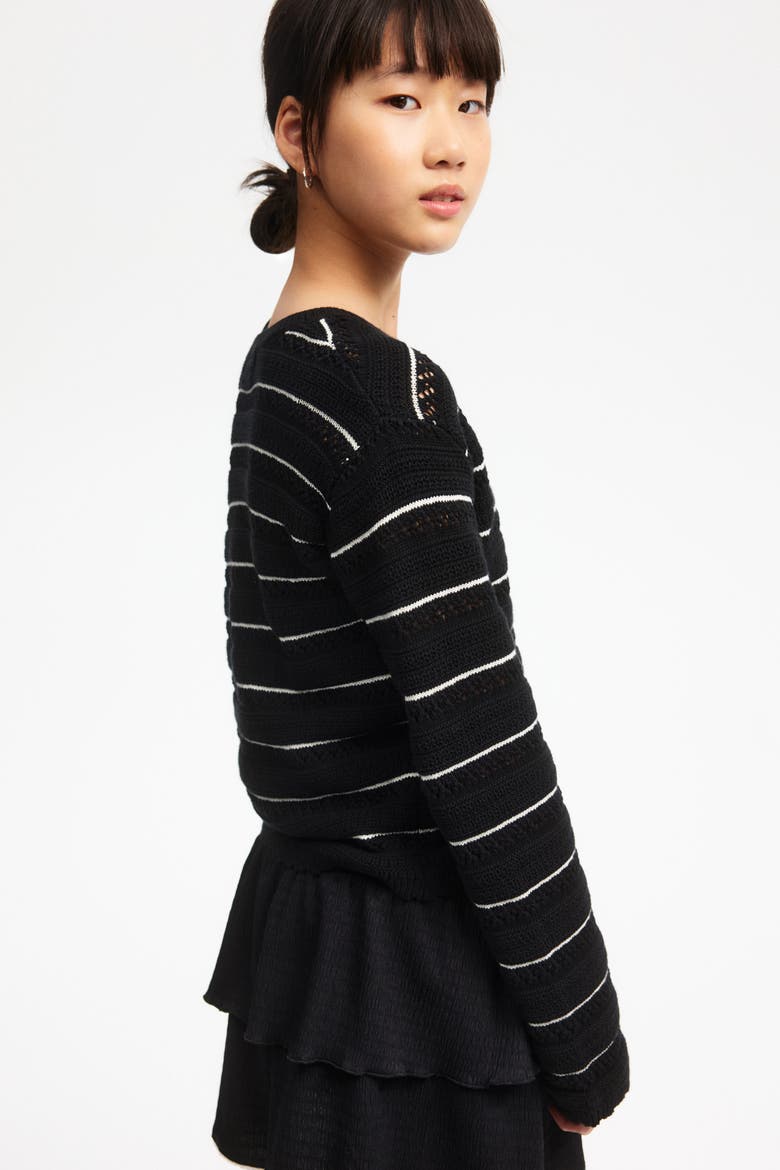 Pointelle-knit Cotton Jumper, Alternate, color, Black/striped