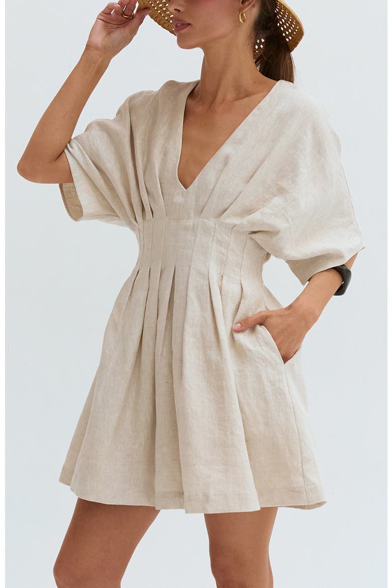 Pleated Linen Mini Dress, Alternate, color, Oatmeal