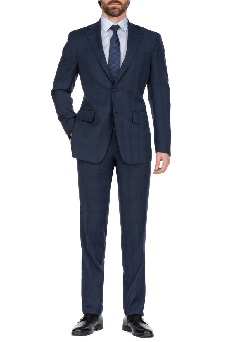 Plaid Print Two Button Notch Lapel Wool Blend Trim Fit Suit, Main, color, NAVY PLAID