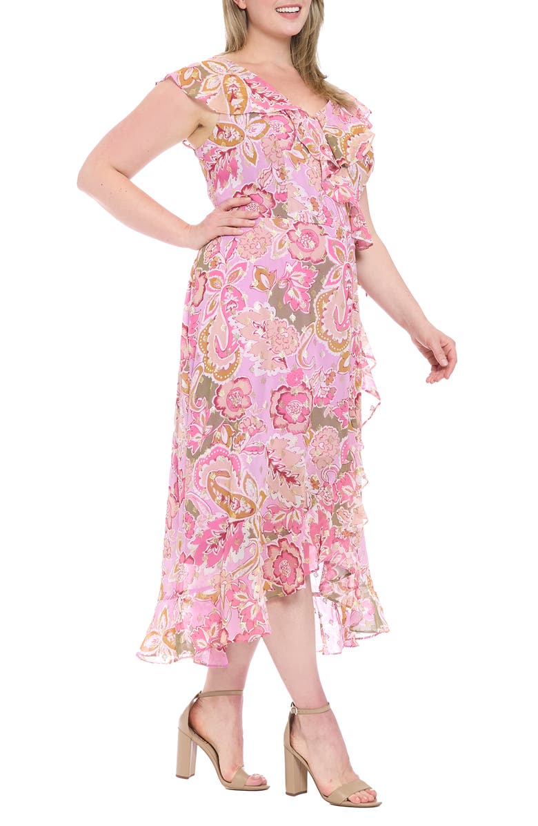 London Times Ruffle Faux Wrap Maxi Dress, Alternate, color, Lavender/ Pink