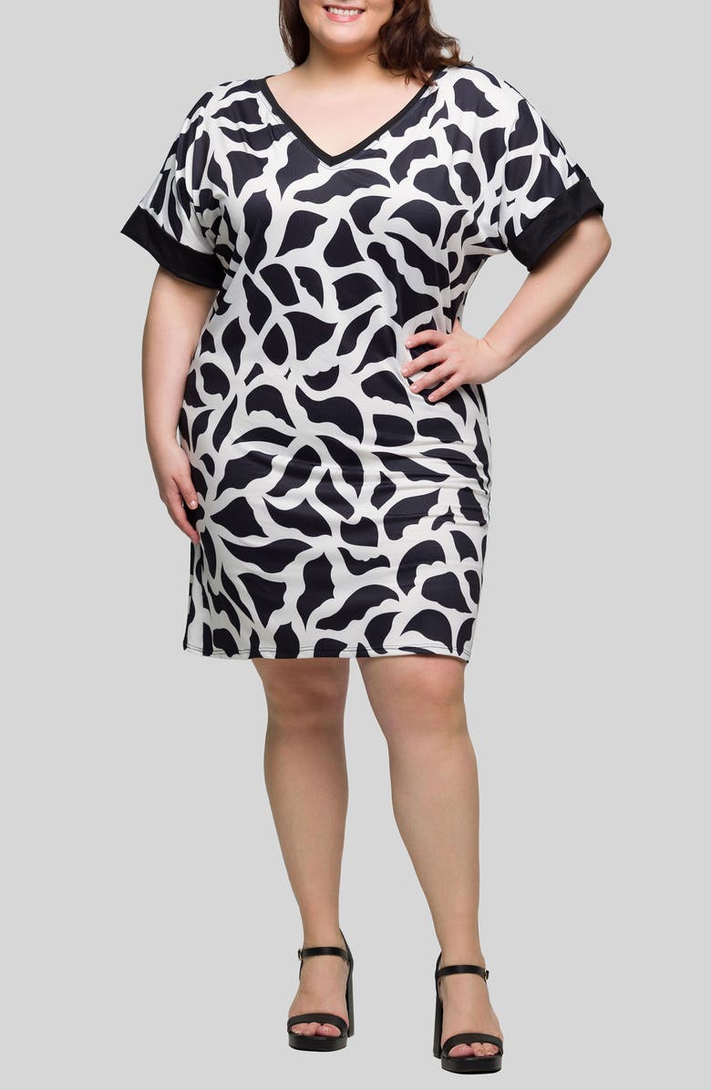 24seven Comfort Apparel Two-Tone V-Neck T-Shirt Dress, Main, color, White Multi