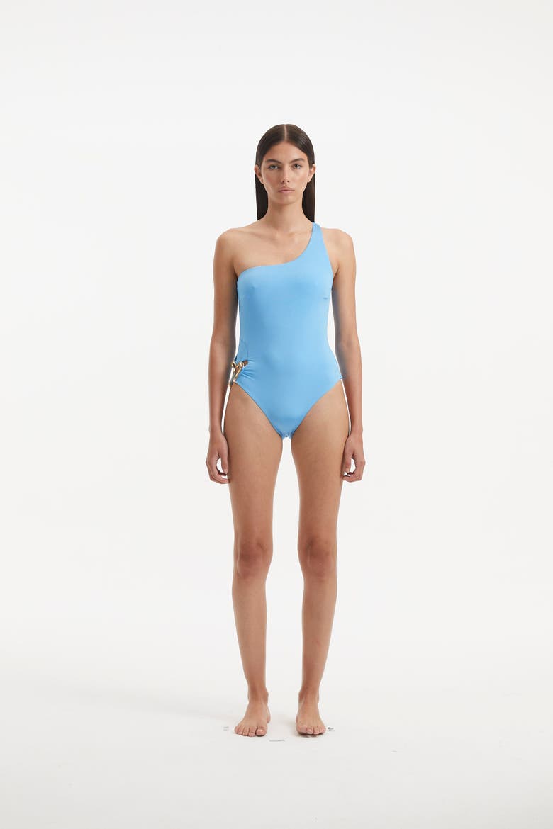 Kaimana One Shoulder Satin Swimsuit, Alternate, color, Blue