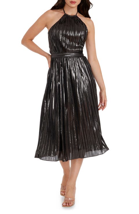Hannah Pleated Metallic Halter Dress