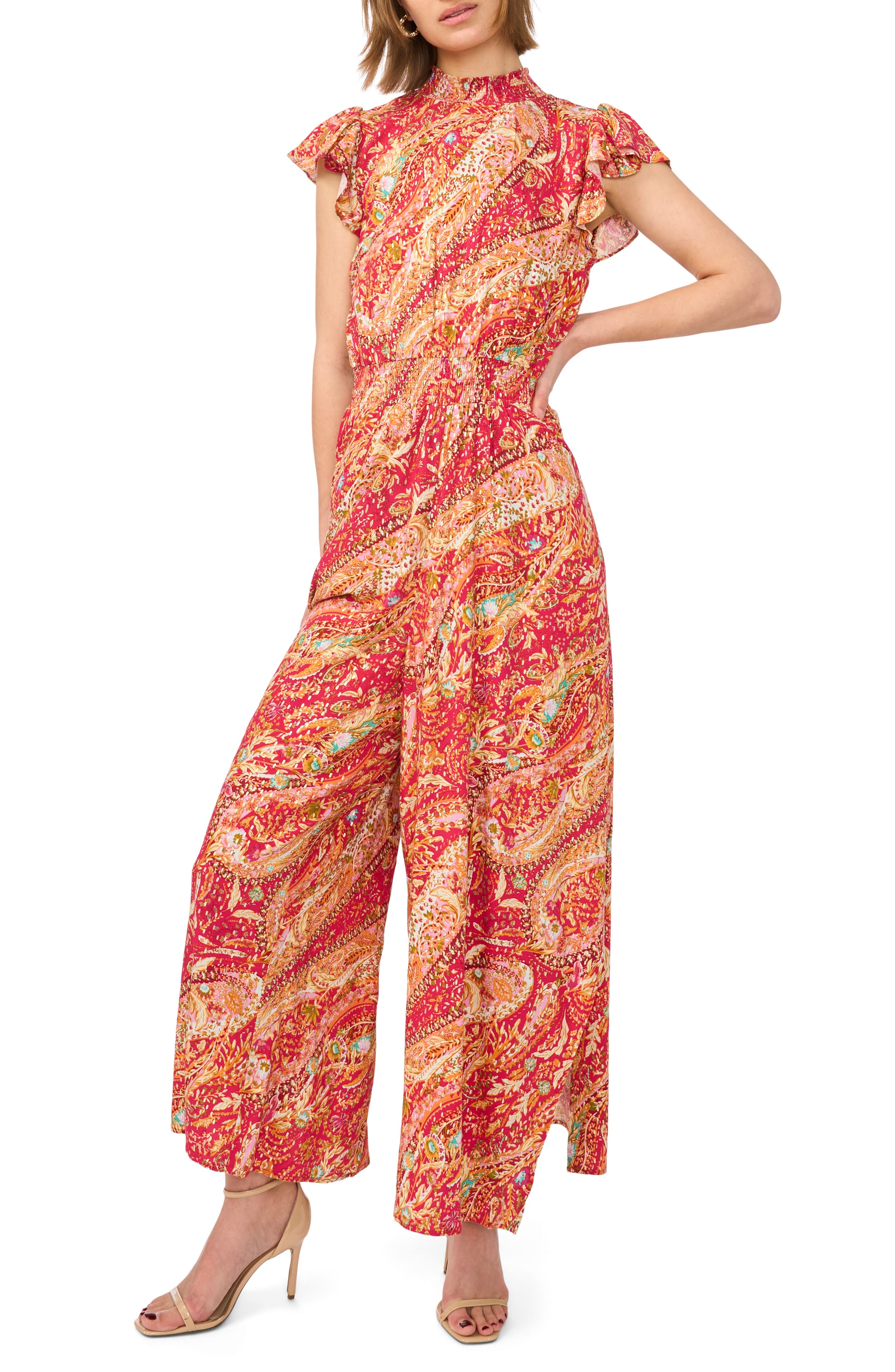 Halogen® Paisley Cap Sleeve Smocked Waist Jumpsuit
