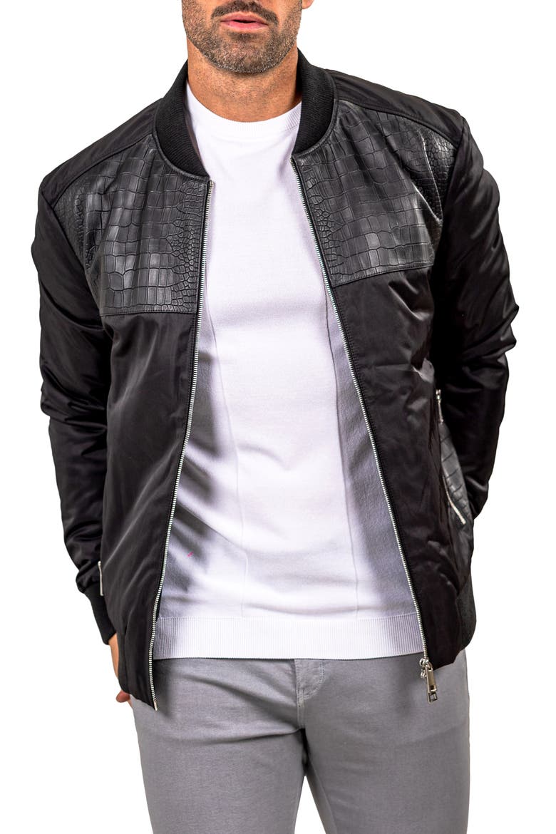 Croc Embossed Leather Bomber Jacket, Alternate, color, BLACK