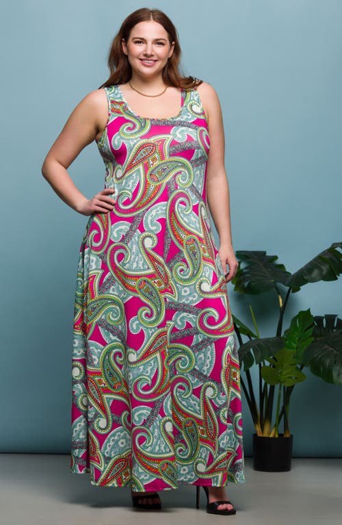 24seven Comfort Apparel Plus Size Print Scoop Neck A-line Sleeveless Maxi Dress In Pink Multi