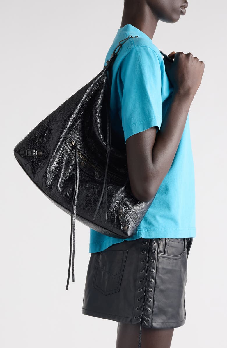Balenciaga Le City Crinkled Leather Hobo Bag, Alternate, color, 1000 Black