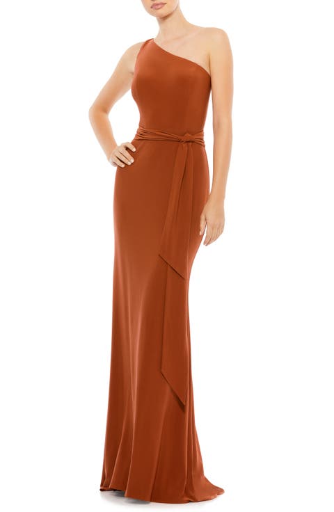 Jersey One Shoulder Belted Trumpet Gown