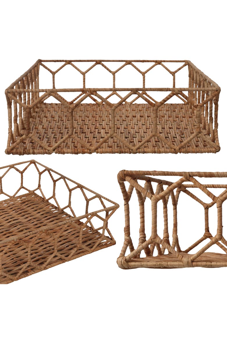 Honeycomb 19.75" Rustic Bohemian Hand-Woven Rattan Tray, Natural, Alternate, color, Light Brown